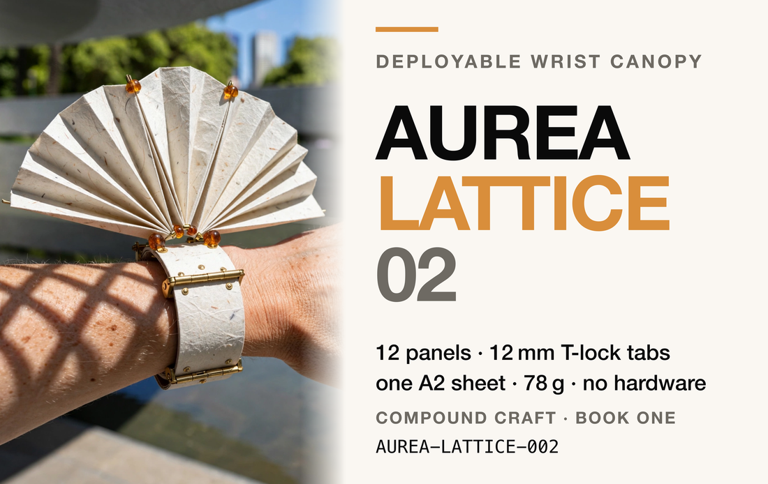 A cream card titled Aurea Lattice 02, beside a photograph of a folded paper fan opening from a cuff worn on a wrist