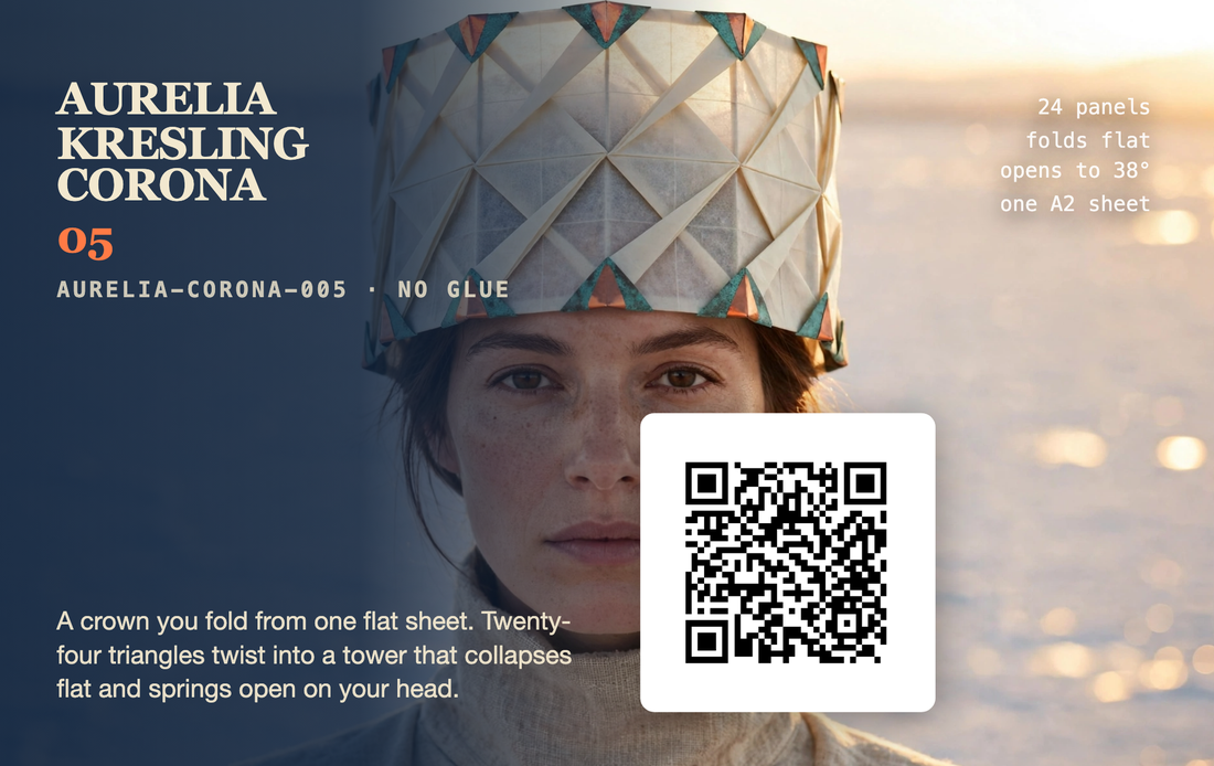 A card titled Aurelia Kresling Corona 05, beside a photograph of a woman on a salt flat wearing a folded crown of translucent panels tipped with copper triangles