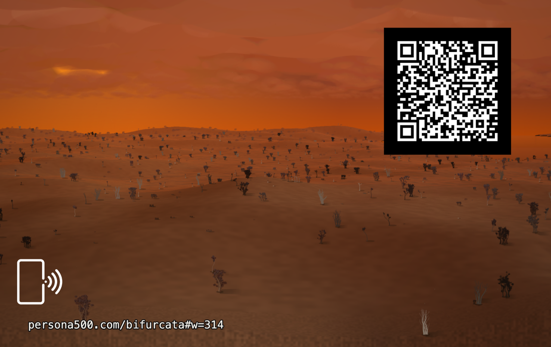 The back of that card: the same world of trees, a QR code in the top corner, and its address along the bottom