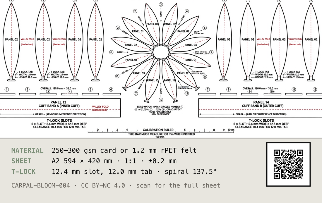 The back of that card: a reduced drawing of the A2 cutting sheet, twelve petals and two cuff bands, and a code to scan