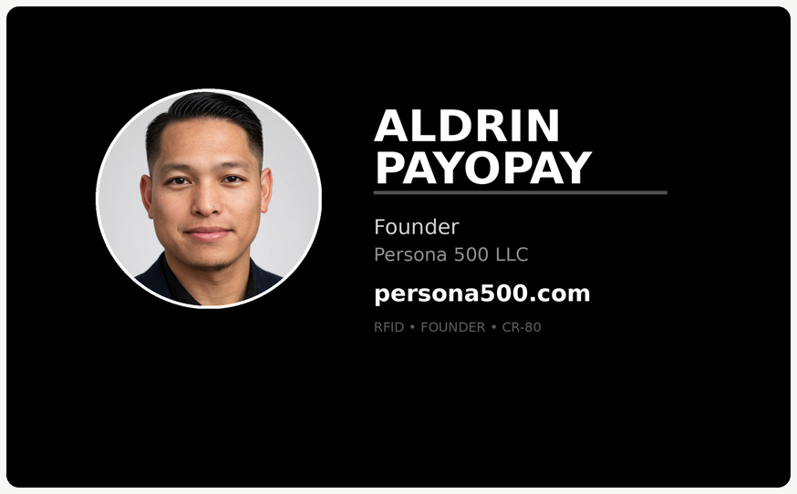 A black business card with a portrait, a name, and a job title
