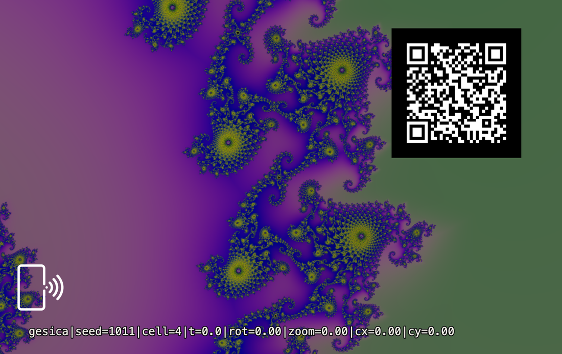 Back face of the card: the same fractal, with a QR code and a small phone symbol that means tap here