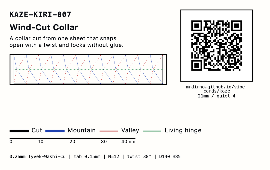 The back of that card: a long strip of twelve zigzag units to cut, a legend for cut, mountain, valley and hinge, and a 40 millimetre ruler