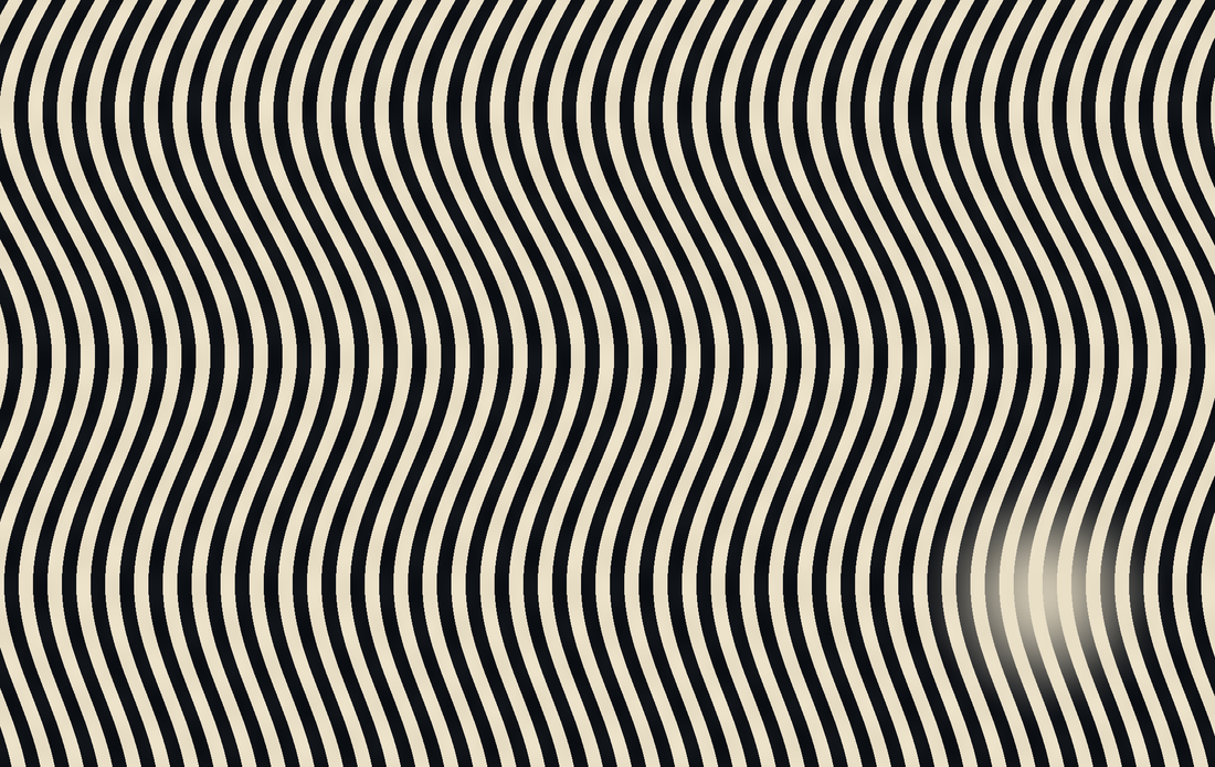 A card printed edge to edge with near-black wavy bands on warm cream paper, like a pleated fabric seen close up, with a blank square left clear near one corner