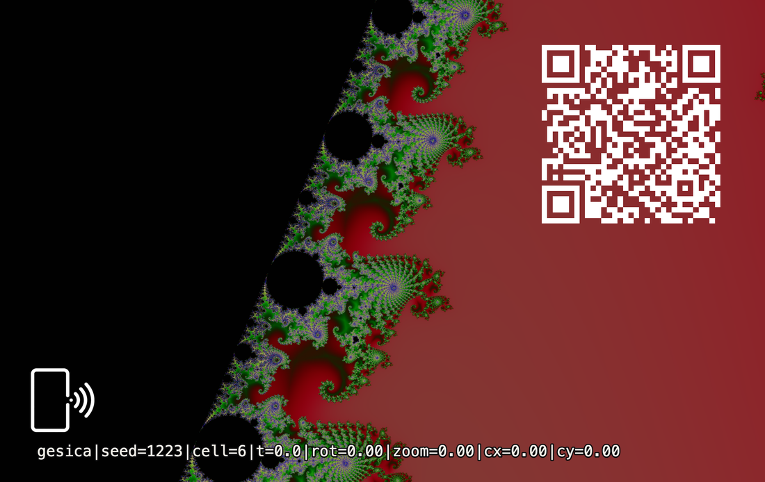 The back of that card: a red and green fractal edge on black, a white QR code in the top corner, and a line of small numbers along the bottom
