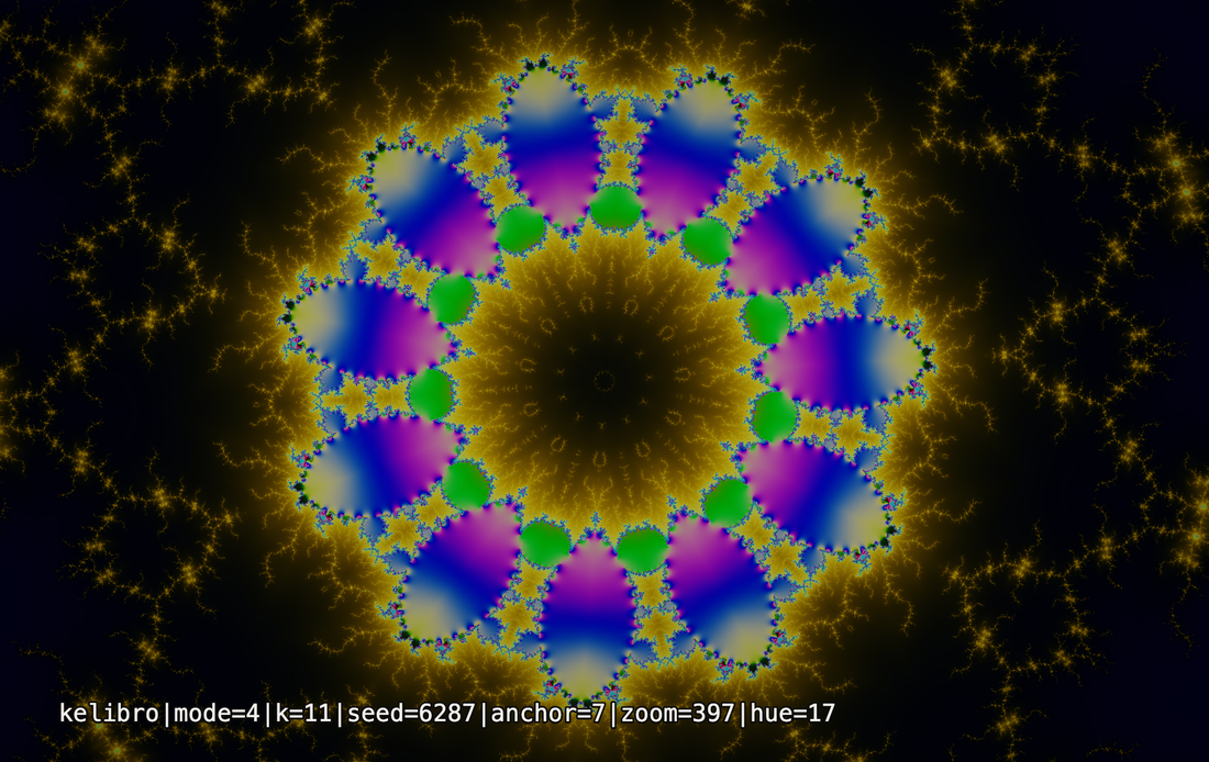 A card printed edge to edge with a kaleidoscopic fractal flower in gold, blue and violet on near-black, with a line of small numbers along the bottom