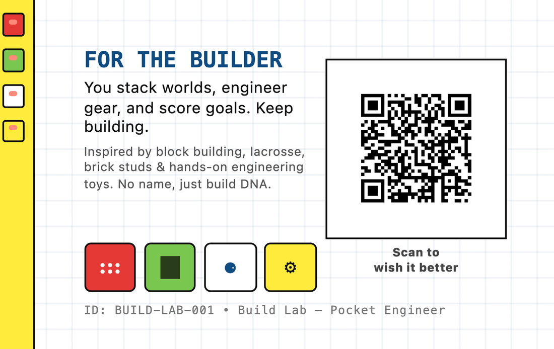 The back of that card: the heading For the builder, a short note about stacking worlds and engineering gear, four coloured tiles, and a code to scan