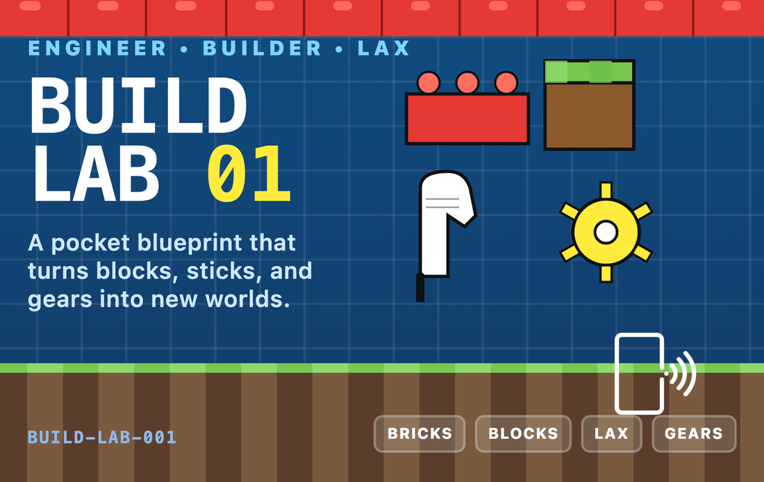 A blue graph-paper card titled Build Lab 01, with a red brick, a grass block, a lacrosse stick and a yellow gear drawn beside it, over a strip of soil