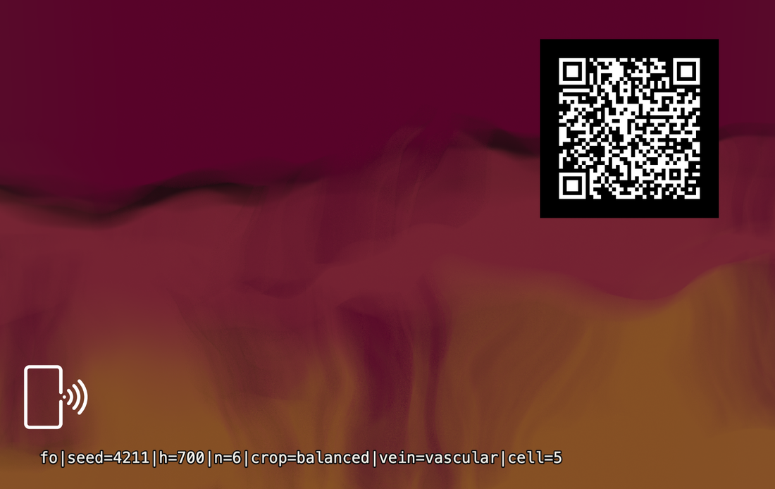 Back face of the card: the same pattern, with a QR code and a small phone symbol that means tap here