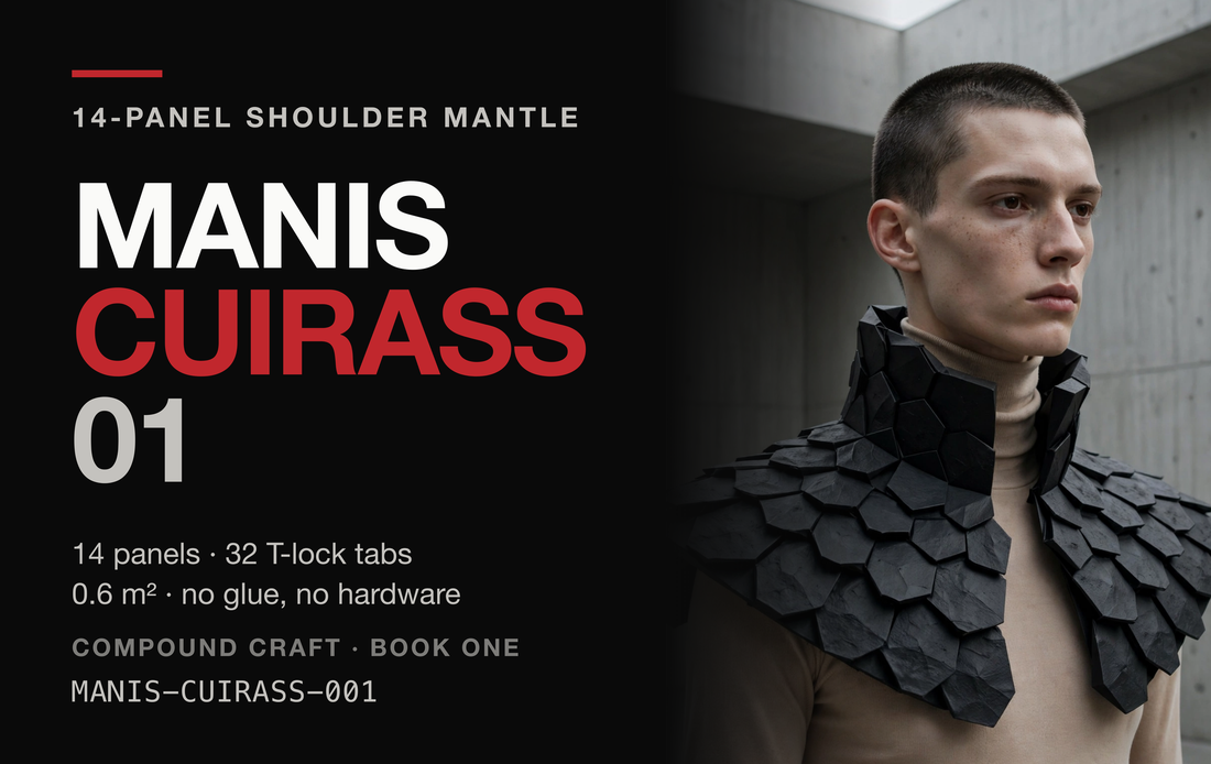 A black card titled Manis Cuirass 01, beside a figure wearing a scaled black shoulder mantle