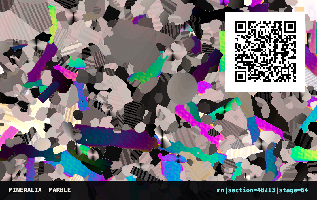 The back of that card: the same slice of rock with the microscope stage turned a quarter, so different crystals are lit and others have gone black, and a QR code in the top corner