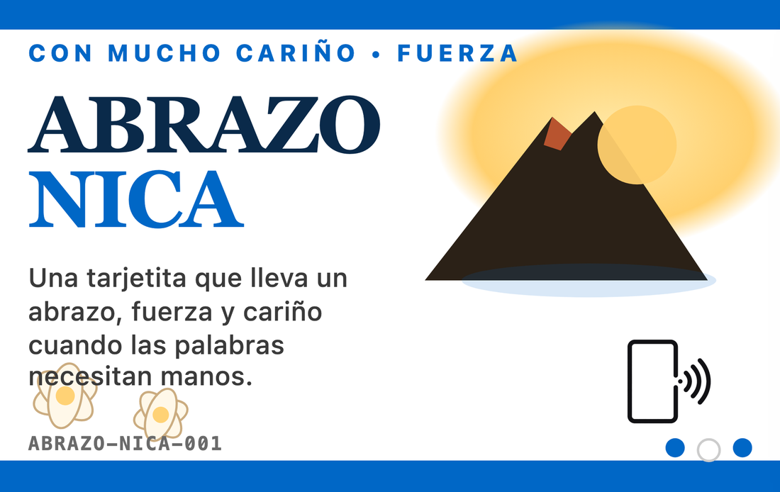 A blue and white card titled Abrazo Nica, with a dark volcano in front of a large yellow sun