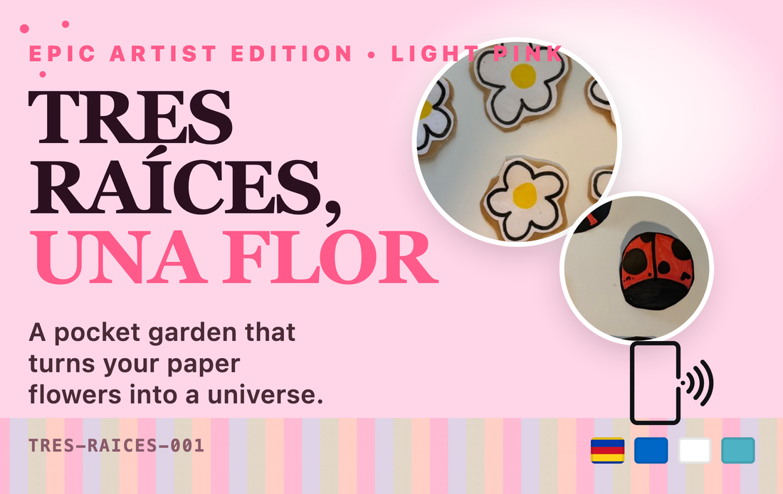 A pink card titled Tres Raices, Una Flor, with two round photographs of hand-painted paper daisies and a hand-painted ladybug