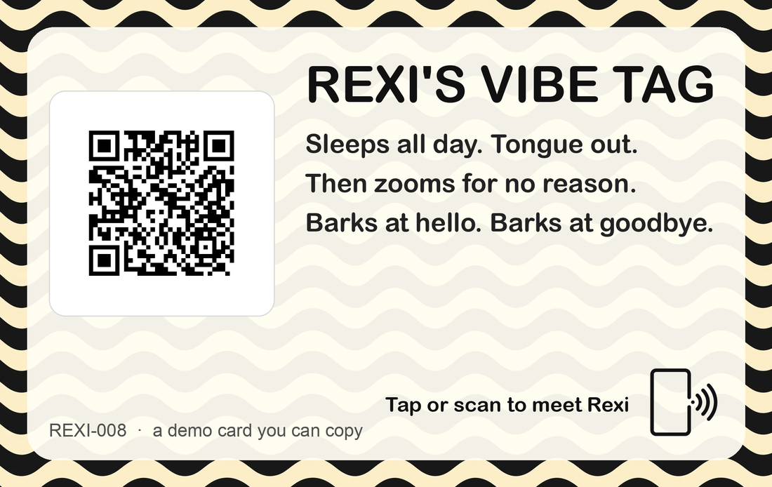 The back of that card: a QR code on a cream panel, three short lines about the dog, and a small phone symbol meaning tap here