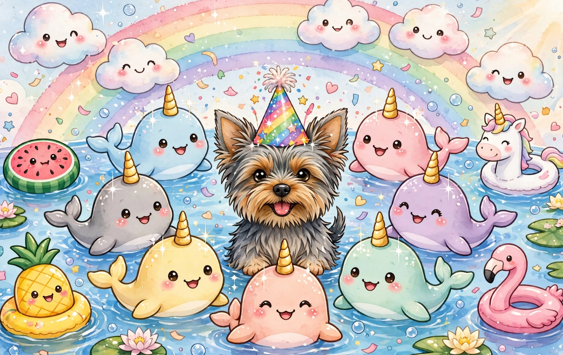 A watercolour of a small terrier in a party hat, sitting in a pool among smiling cartoon narwhals and pool floats under a rainbow