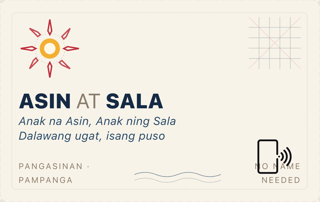 A cream card titled Asin at Sala, with a red eight-rayed sun, a woven grid in one corner, and the words Anak na Asin, Anak ning Sala