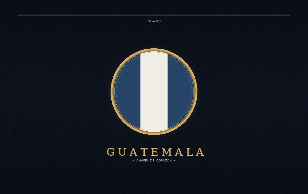 Frente de la tarjeta: la bandera de Guatemala en un medallón dorado