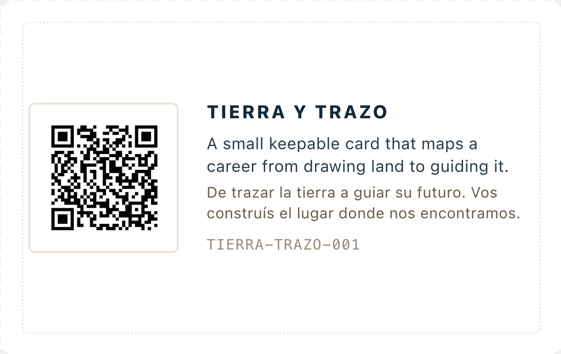 The back of that card: a code to scan, and one line in English and Spanish about a career that goes from drawing land to guiding it