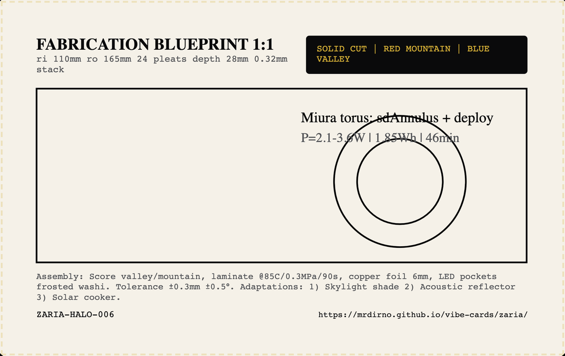The back of that card: a fabrication schematic of the halo ring, with a cut and fold legend
