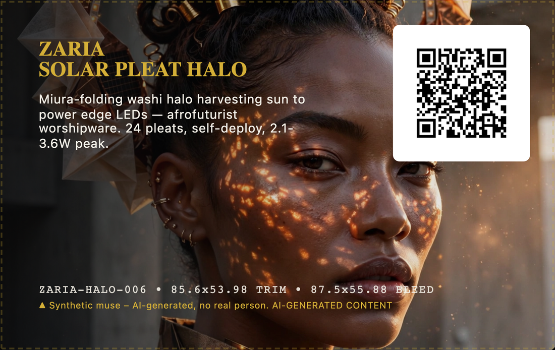 A card titled Zaria Solar Pleat Halo, beside a photograph of a woman with folded paper forms in her hair and dappled light across her face
